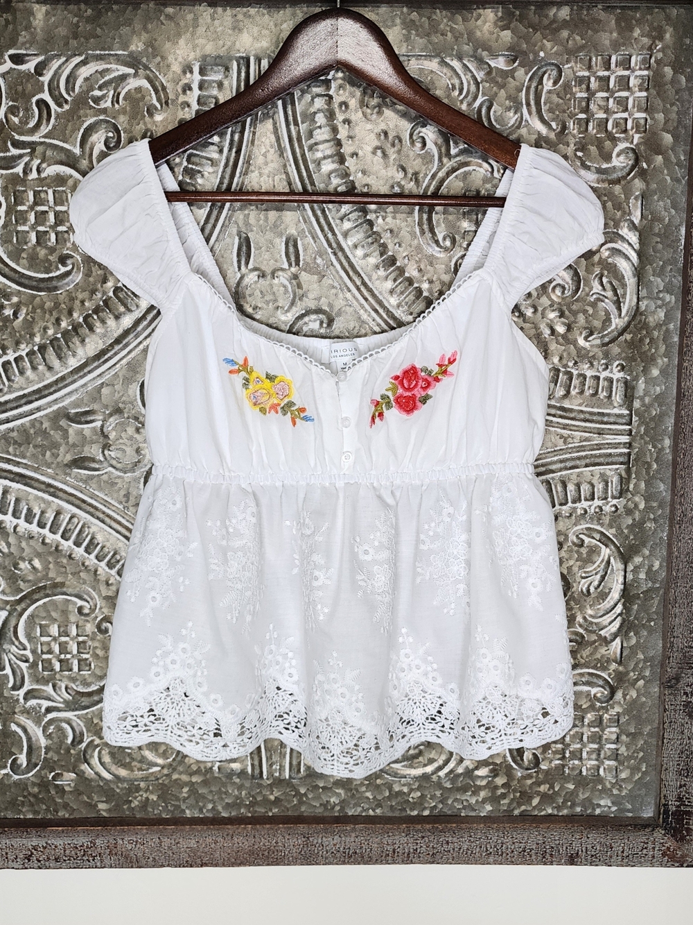 Kirious White Lace Floral Embroidered Cottagecore Top Medium Farmers Daughter